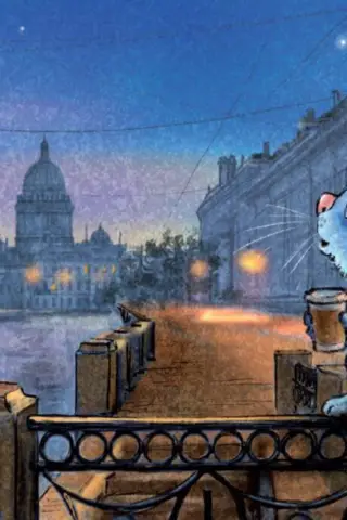 Postcard. Blue cats. Evening coffee alone.