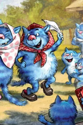 Postcard. Blue cats. Village dances.
