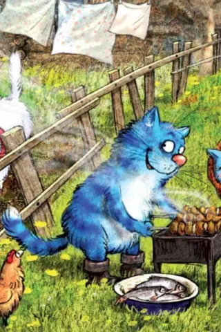 Postcard. Blue cats. Kebabs.