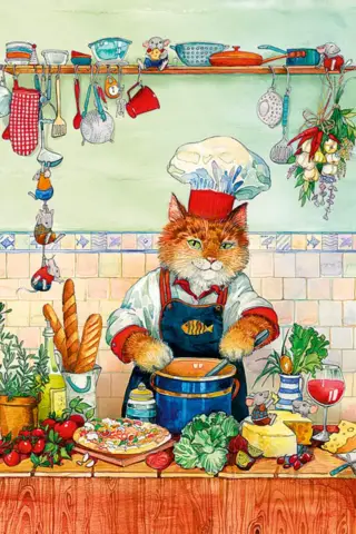 Postcard. Cat and mice in the kitchen