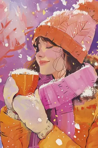 Postcard. Girl with a mug of chocolate.