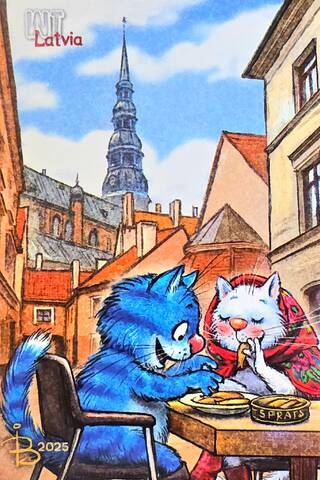 Postcard. Blue cats. Cats travel. Latvia