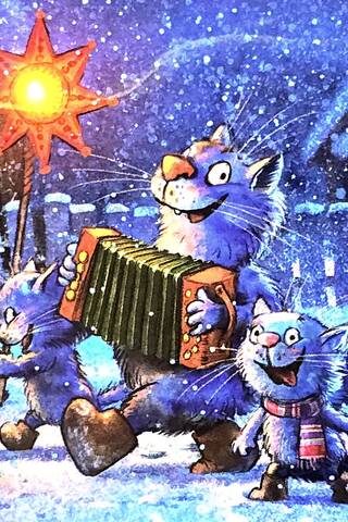 Postcard. Blue cats. Carols.