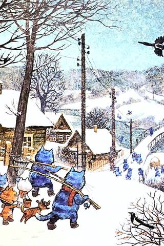 Postcard. Blue cats. Winter fishing.