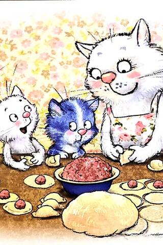 Postcard. Blue cats. Dumplings.