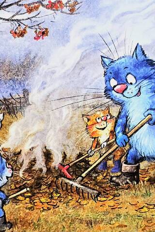 Postcard. Blue cats. Leaf raking.