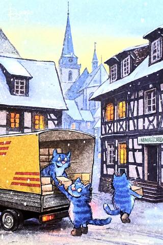 Postcard. Blue cats. Work doesn't wait!