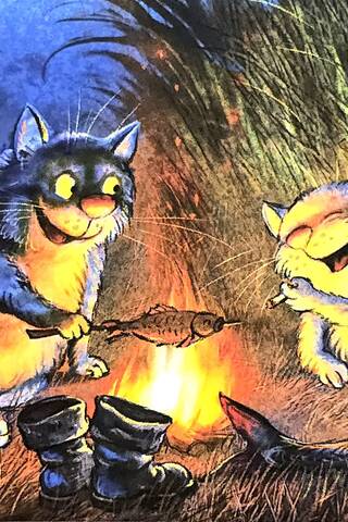 Postcard. Blue cats. Cats by the fire.