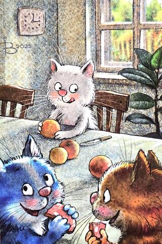 Postcard. Blue Cats. Girl with Peaches.