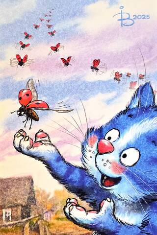 Postcard. Blue cats. Fly away, ladybug!