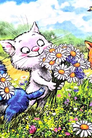 Postcard. Blue cats. Chamomile field.