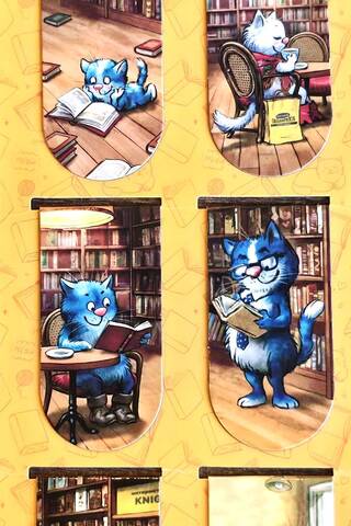 Magnetic bookmarks. Blue cats in a book cafe.