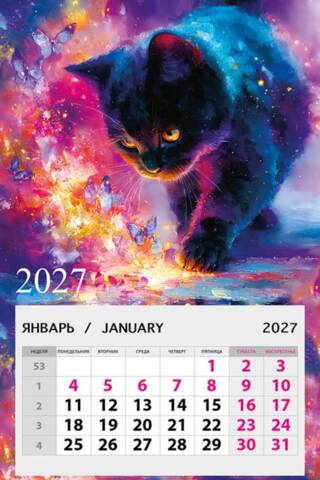 Black Cat and Magical Butterflies. Magnetic Tear-Off Calendar for 2027
