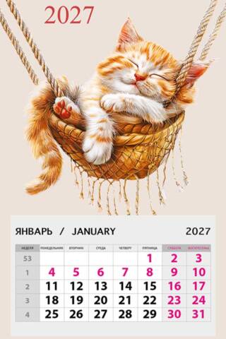 A ginger cat in a basket. Magnetic tear-off calendar for 2027.