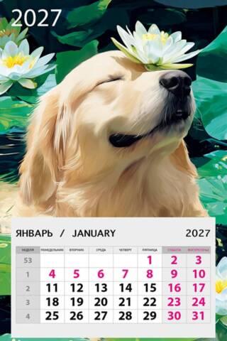 A dog with a flower on its face. Magnetic tear-off calendar for 2027.