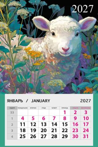 Sheep in a Meadow. Magnetic tear-off calendar for 2027.