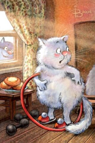Открытка. Синие коты. Кошачий фитнесс
