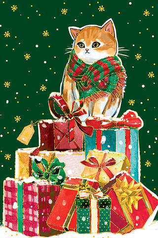 Money envelope. Happy New Year! A cat on a pile of presents.