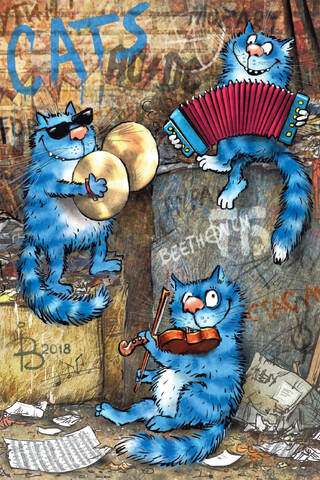 Postcard. Blue cats. Feline ensemble.