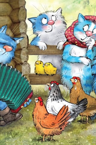 Postcard. Blue Cats. Accordion Cat