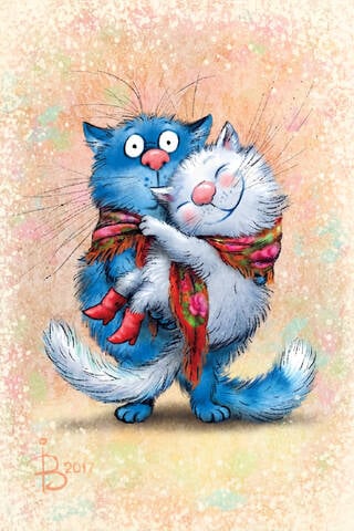 Postcard. Blue cats. Cats in love.
