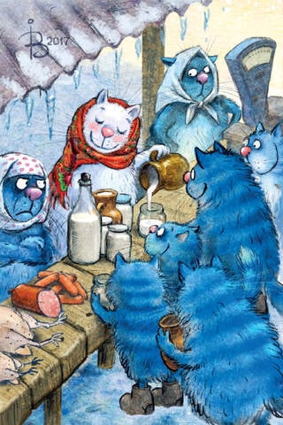 Postcard. Blue cats. Cat bazaar