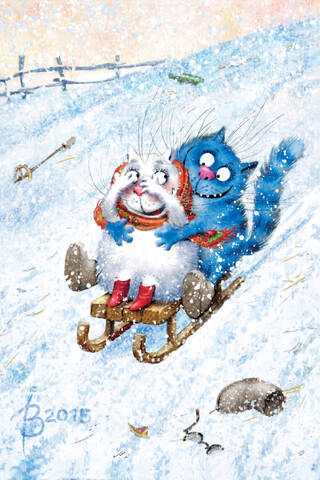 Postcard. Blue cats. Kittens on a sled.