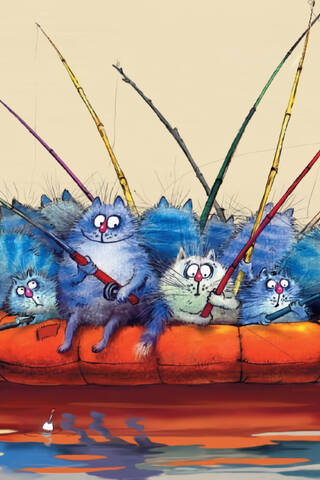 Postcard. Blue cats. Fishing cats.