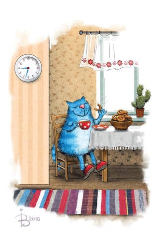 Postcard. Blue Cats. Tea Party.