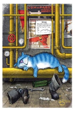 Postcard. Blue cats. Value your working minute!