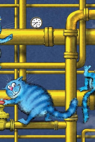 Postcard. Blue cats. Plumber cats.