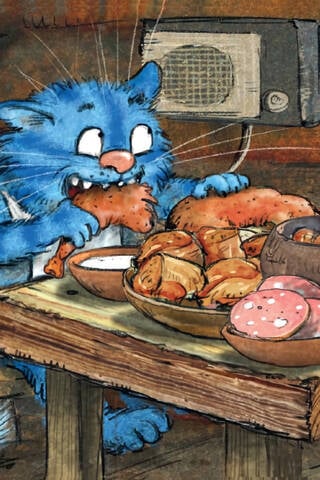 Postcard. Blue cats. Vanka listens and eats.
