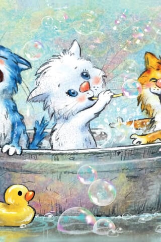 Postcard. Blue cats. Kittens bathing.