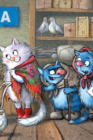 Postcard. Blue cats. At the post office.