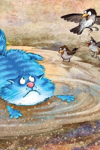 Postcard. Blue cats. Kitty in a puddle.