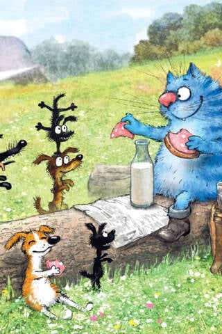 Postcard. Blue cats. The mailman's lunch