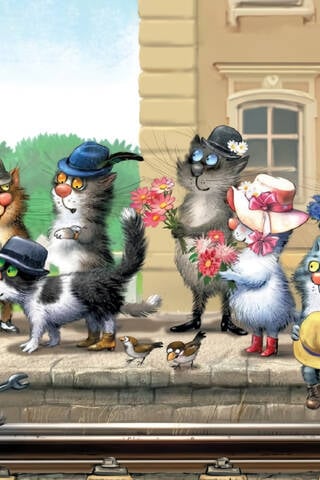 Postcard. Blue cats. At the train station.
