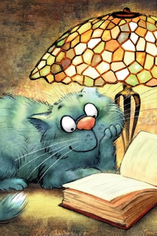 Postcard. Blue cats. Cozy reading
