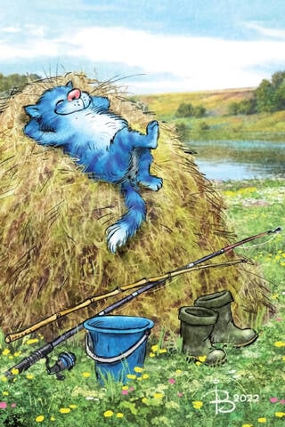 Postcard. Blue cats. Relaxing on the hay.