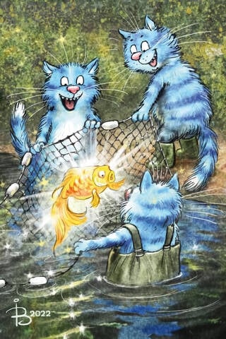 Postcard. Blue cats. Goldfish.