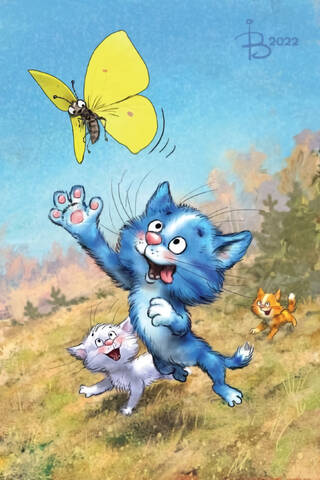 Postcard. Blue cats. Kittens catching a butterfly.