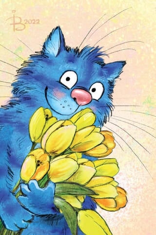 Postcard. Blue cats. Cat with a bouquet of tulips.