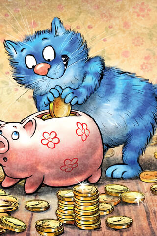 Postcard. Blue cats. Piggy bank.