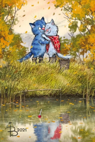Postcard. Blue cats. Date by the river.