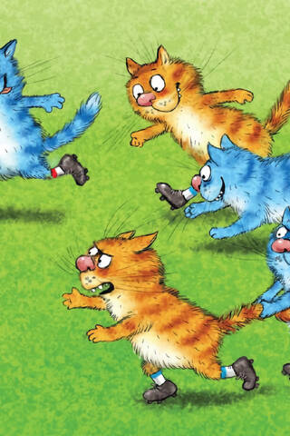 Postcard. Blue cats. Cats playing football.
