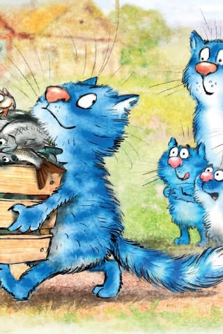 Postcard. Blue Cats. Big Catch.