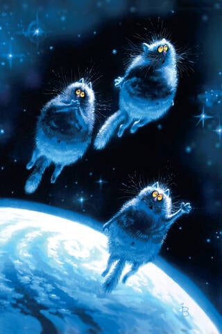 Postcard. Blue Cats. Flight to the Moon.