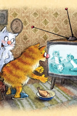 Postcard. Blue cats. Cats watching football.