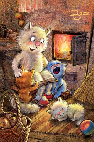 Postcard. Blue cats. Kittens by the stove.