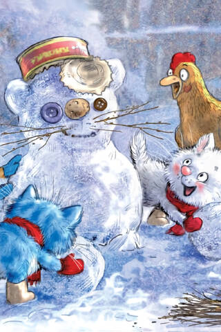 Postcard. Blue Cats. Kittens and a Snowman.